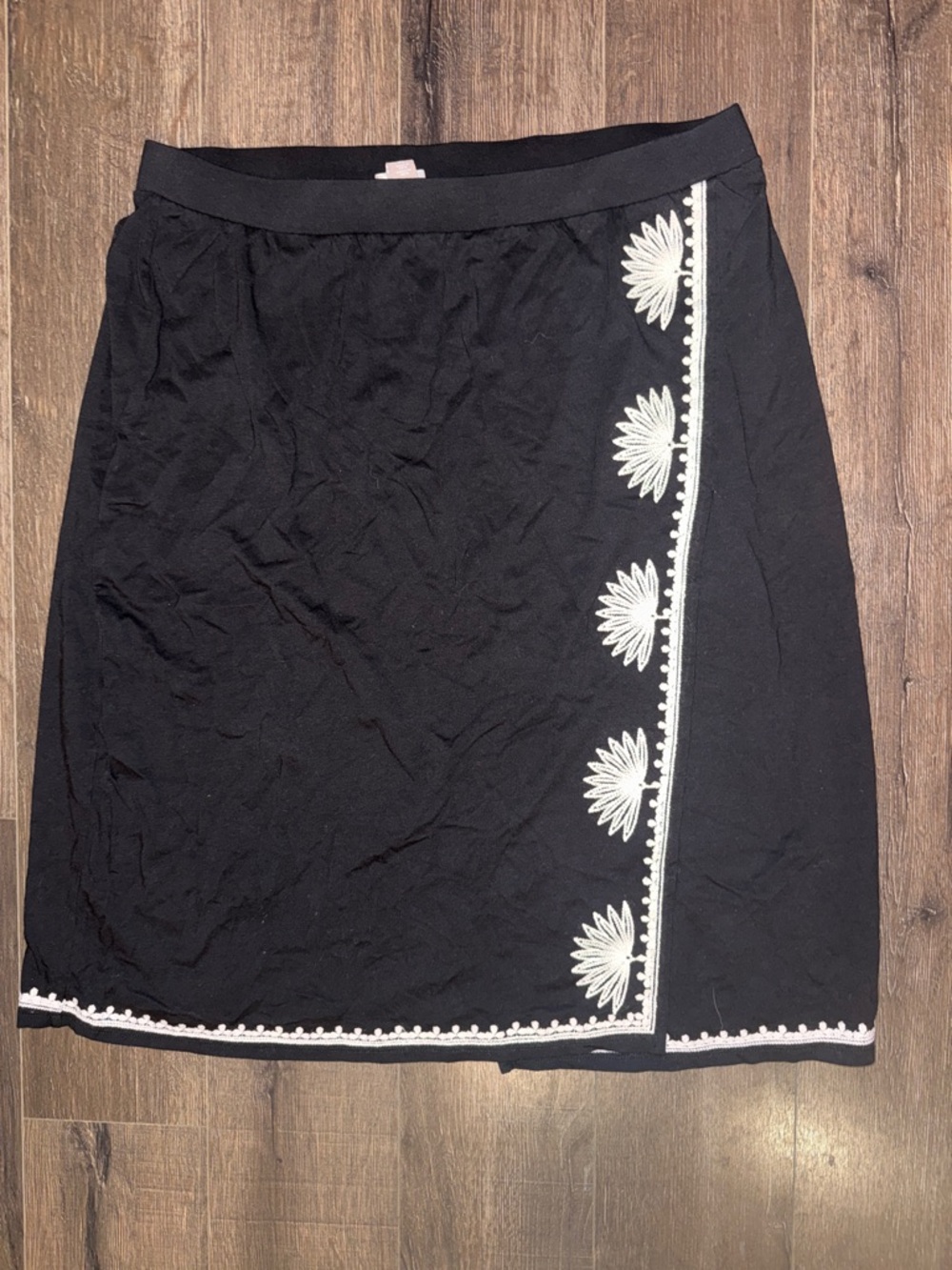 Black Embroidered A-Line Skirt with White Floral Trim